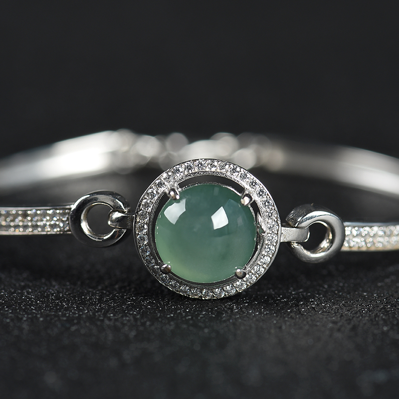 缅甸银镶糯种翡翠手环-红掌柜