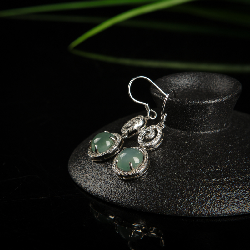 银镶缅甸糯种翡翠耳坠-红掌柜