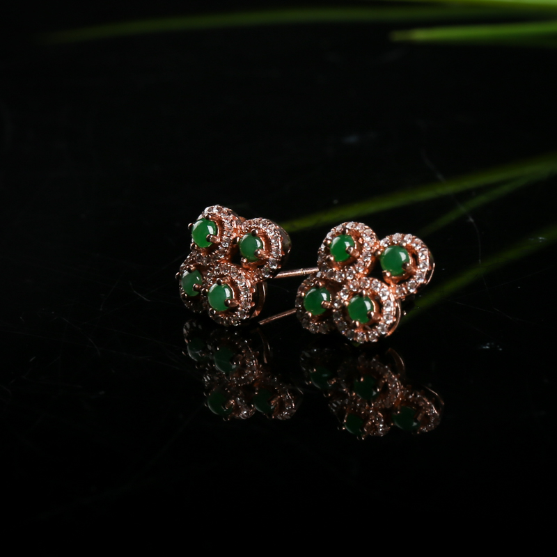 缅甸糯种翠绿翡翠耳钉-红掌柜