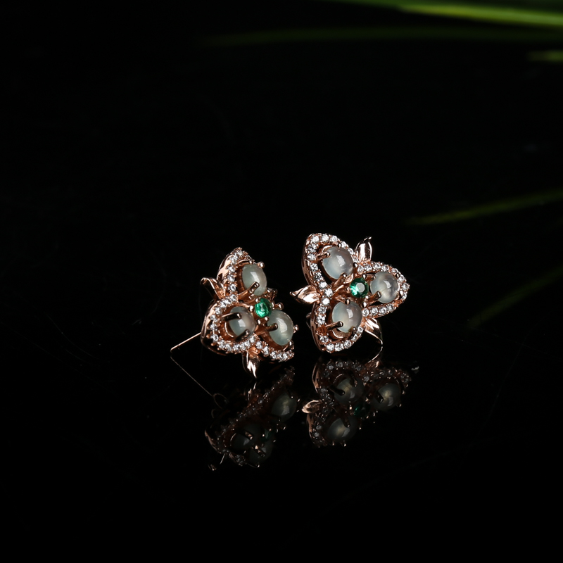 银镶天然糯冰种翡翠耳钉-红掌柜