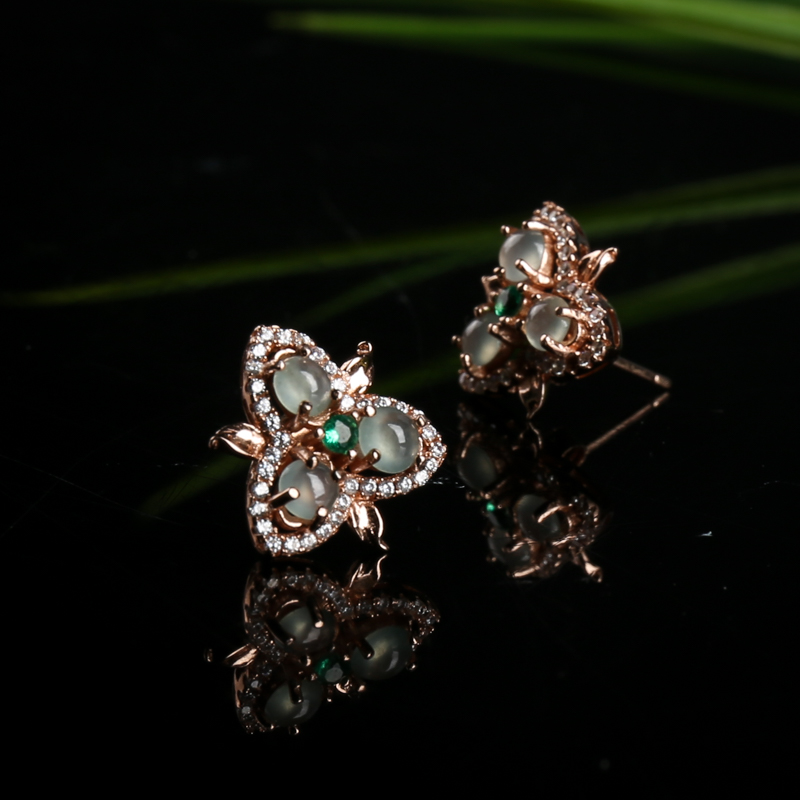 缅甸天然糯冰种翡翠耳钉-红掌柜