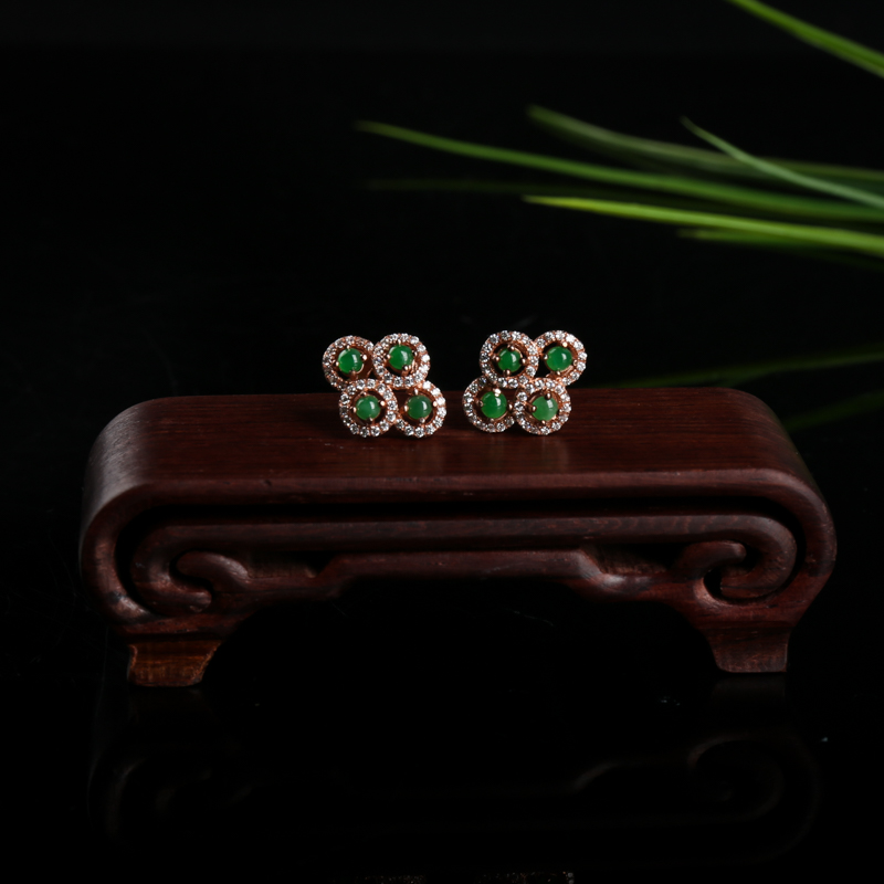 银镶糯种翠绿翡翠耳钉-红掌柜