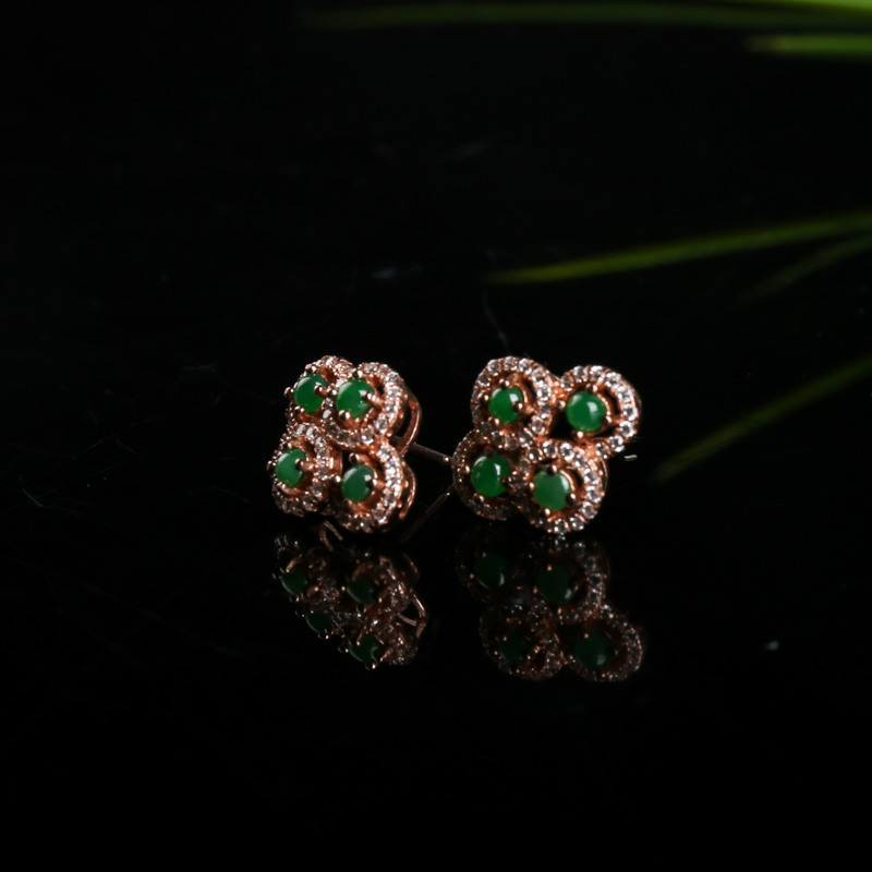 银镶天然糯种翠绿翡翠耳钉-红掌柜