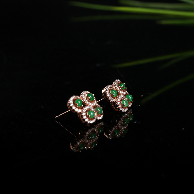 银镶缅甸糯种翠绿翡翠耳钉-红掌柜