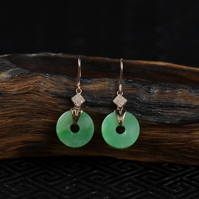 18k糯种翠绿翡翠平安耳坠-红掌柜