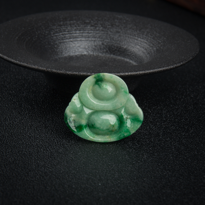 缅甸豆种飘翠翡翠弥勒佛吊坠-红掌柜