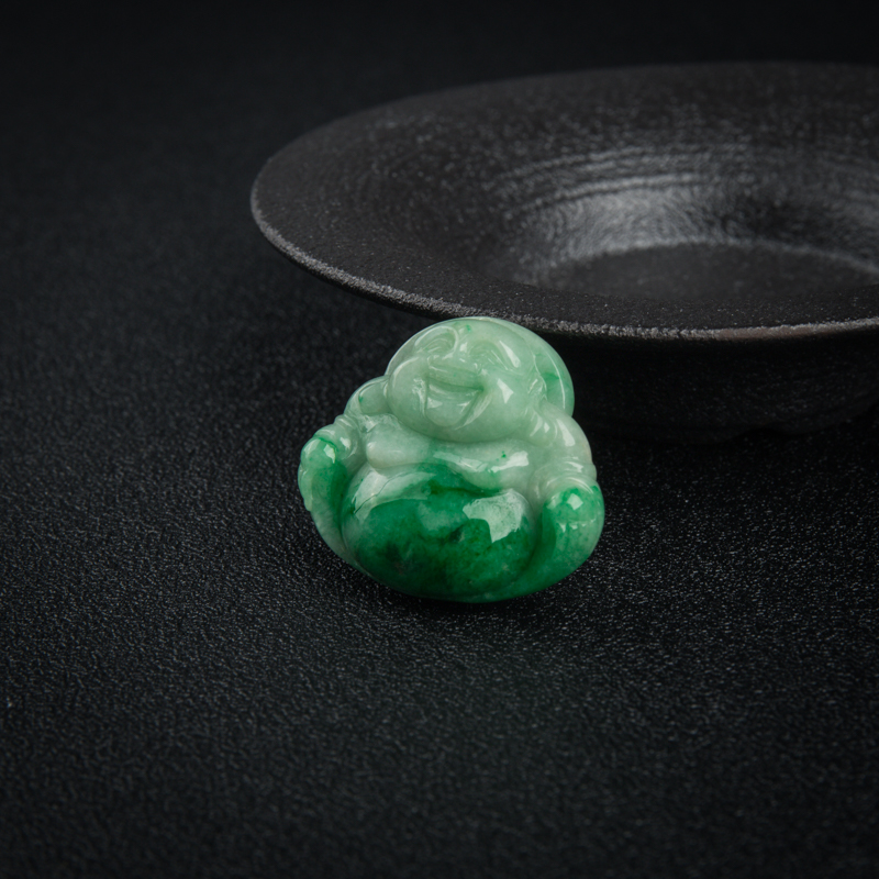 豆种飘翠天然缅甸翡翠弥勒佛吊坠-红掌柜