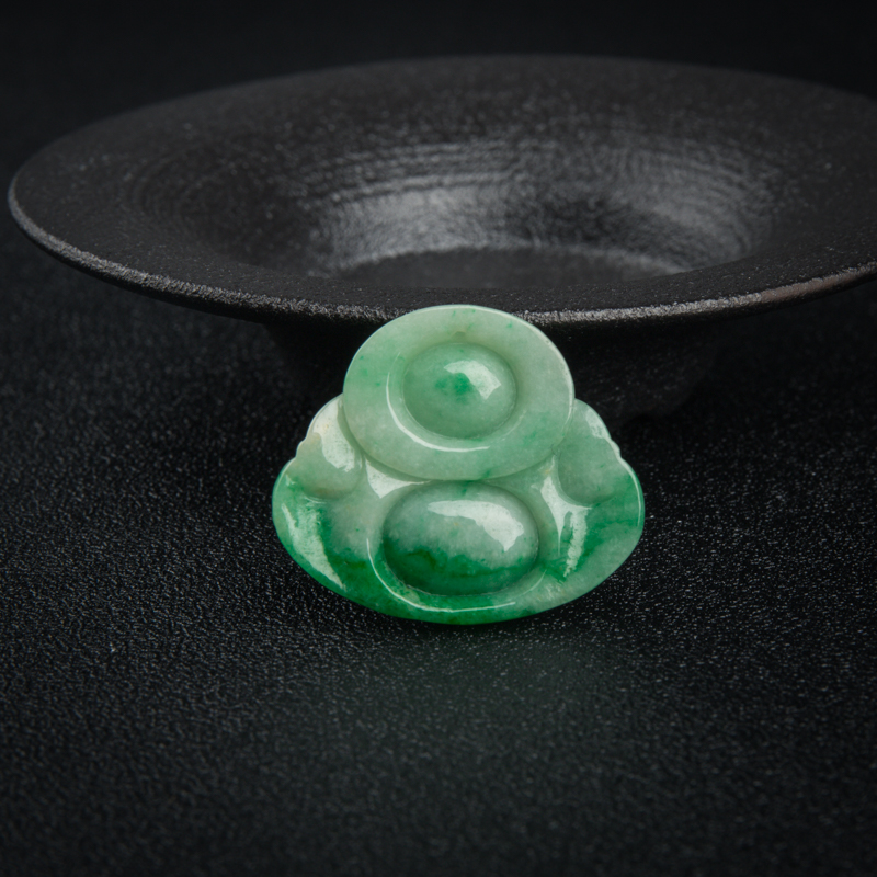 豆种飘翠天然翡翠弥勒佛吊坠-红掌柜