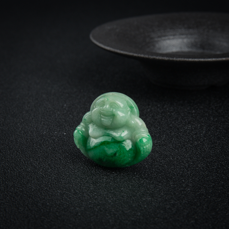 天然豆种飘翠翡翠弥勒佛吊坠-红掌柜