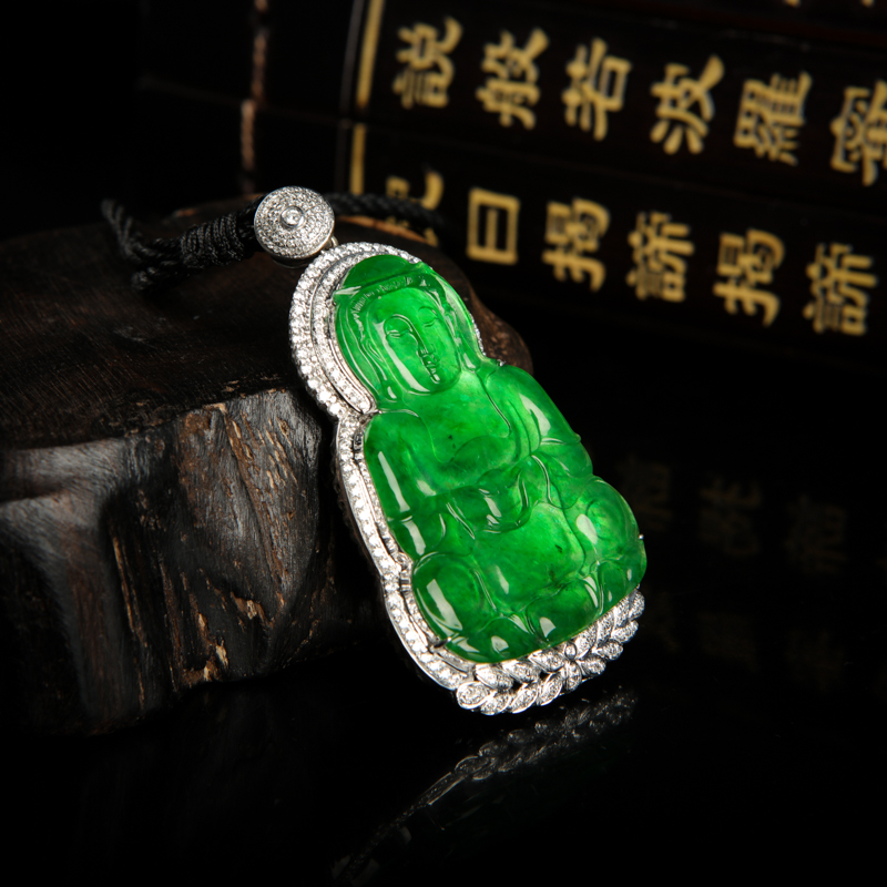 糯冰种翠绿翡翠观音吊坠-红掌柜
