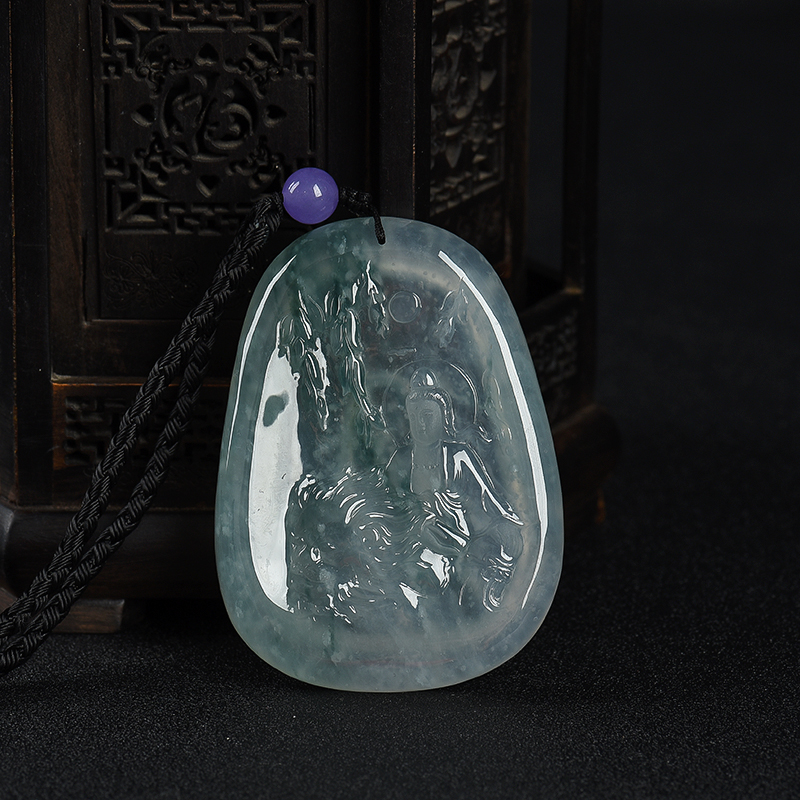 糯冰种飘花翡翠文殊菩萨吊坠-红掌柜