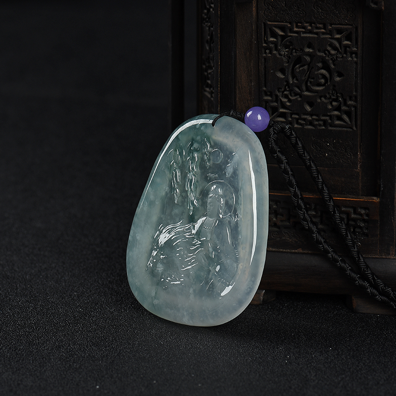 缅甸糯冰种飘花翡翠文殊菩萨吊坠-红掌柜