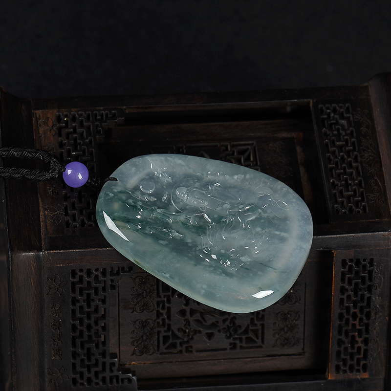 天然飘花翡翠文殊菩萨吊坠-红掌柜