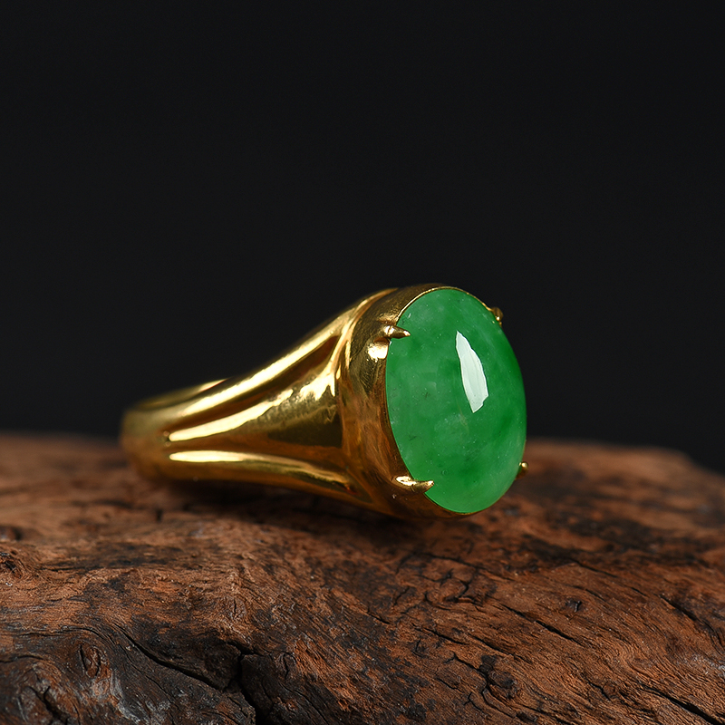 缅甸糯种阳绿翡翠戒面-红掌柜