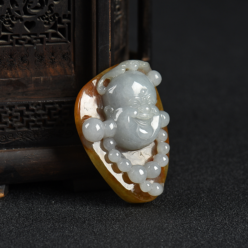 天然糯种俏色翡翠弥勒佛吊坠-红掌柜