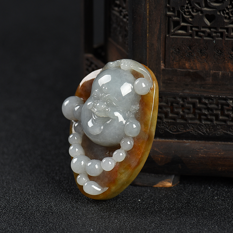 缅甸糯种俏色翡翠弥勒佛吊坠-红掌柜