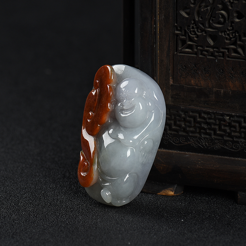 缅甸糯种俏色翡翠弥勒佛吊坠-红掌柜