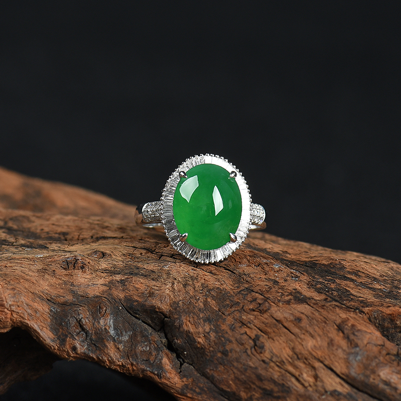 18K糯冰种翠绿翡翠戒指-红掌柜