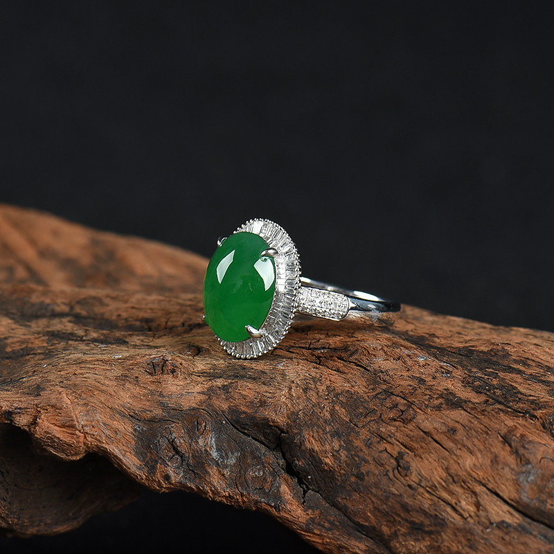 缅甸糯冰种翠绿翡翠戒指-红掌柜