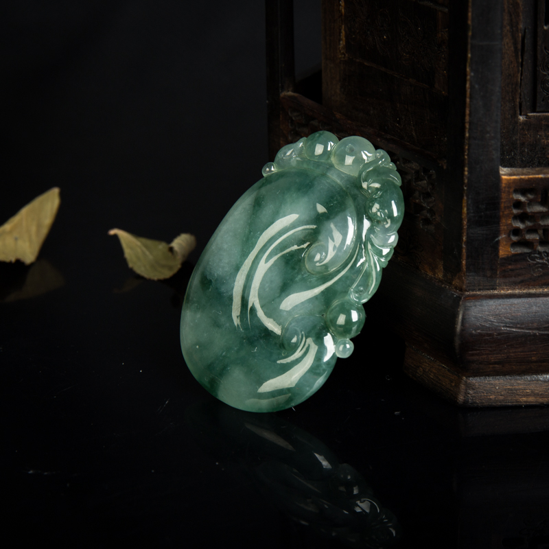 缅甸糯种飘花翡翠如意吊坠-红掌柜
