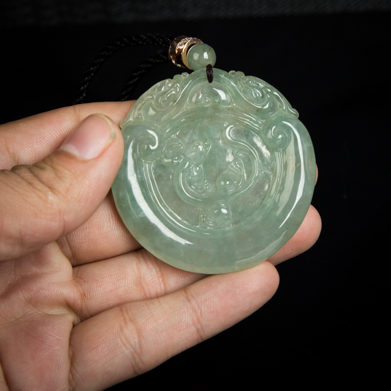 缅甸天然糯冰种灰绿翡翠吊坠-红掌柜