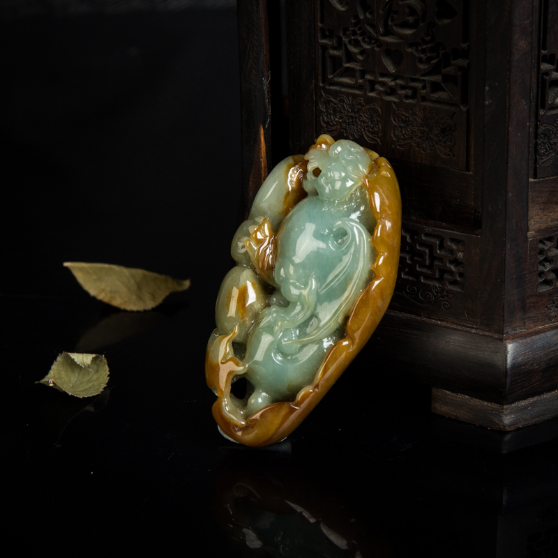 缅甸糯种俏色翡翠福如东海吊坠-红掌柜