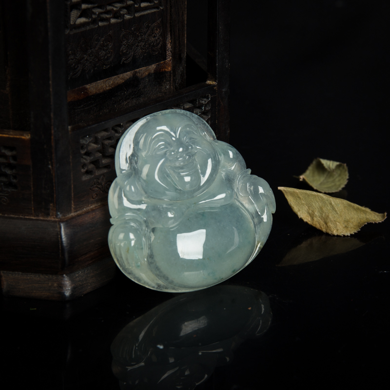 天然糯冰种飘花翡翠弥勒佛吊坠-红掌柜