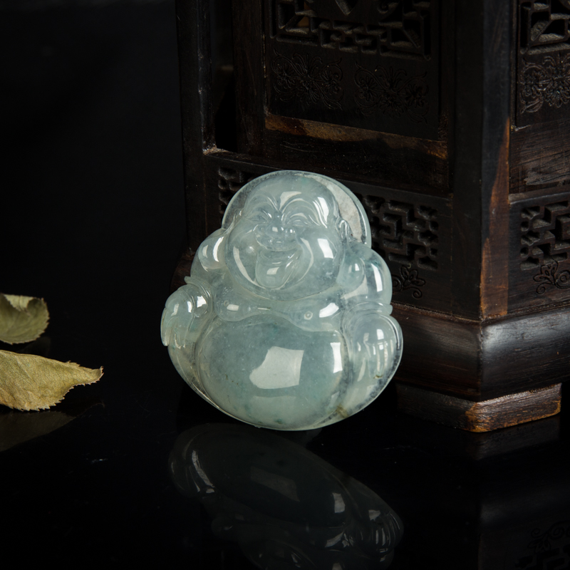 缅甸糯冰种飘花翡翠弥勒佛吊坠-红掌柜