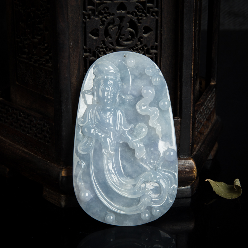 缅甸天然糯种蓝紫色翡翠观音吊坠-红掌柜