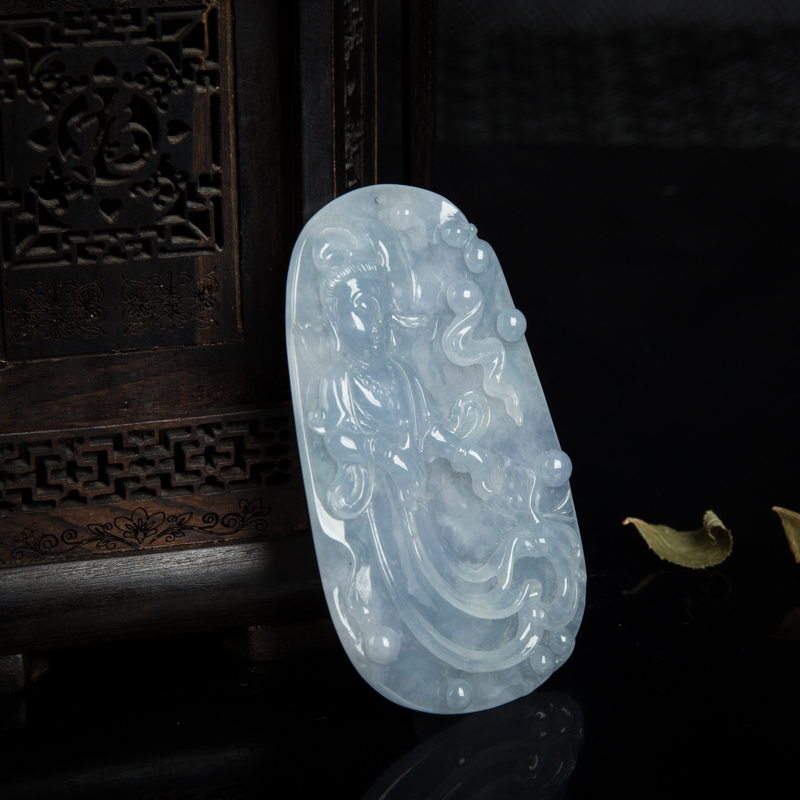 天然糯种蓝紫色翡翠观音吊坠-红掌柜