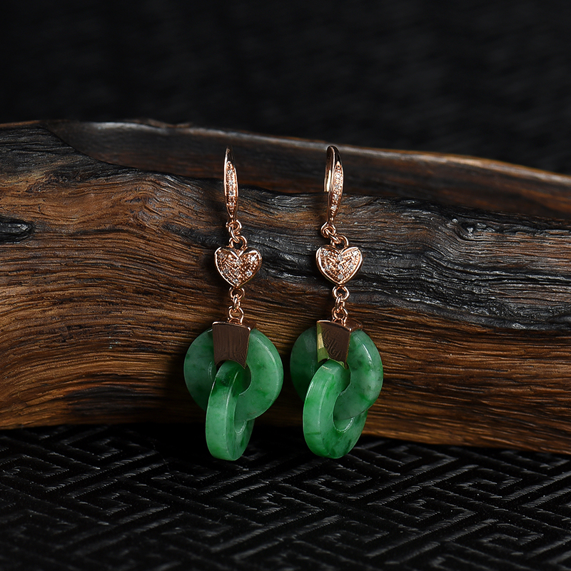 缅甸天然豆种飘翠翡翠平安扣耳坠-红掌柜