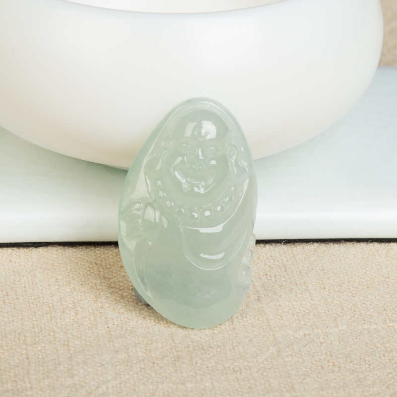 天然浅绿翡翠弥勒佛吊坠-红掌柜