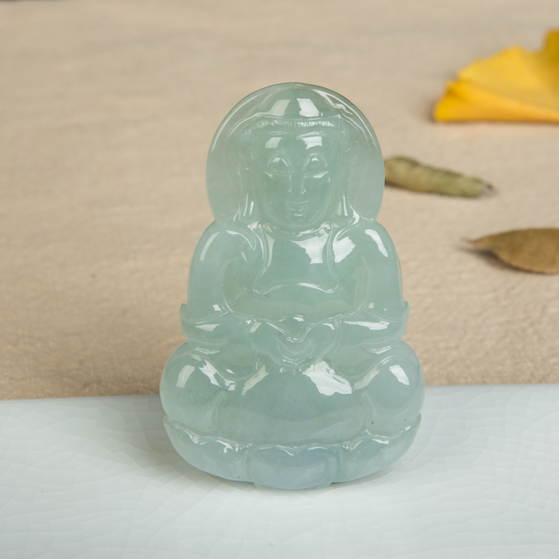 糯种蓝绿翡翠观音吊坠-红掌柜