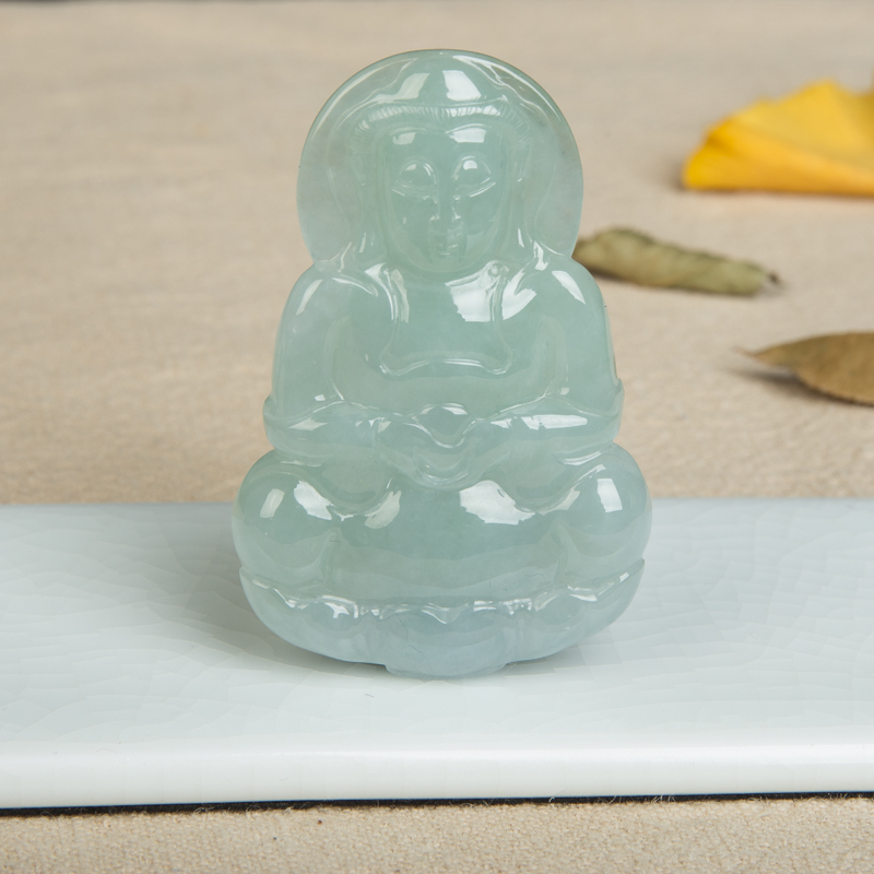 糯种蓝绿翡翠观音吊坠-红掌柜