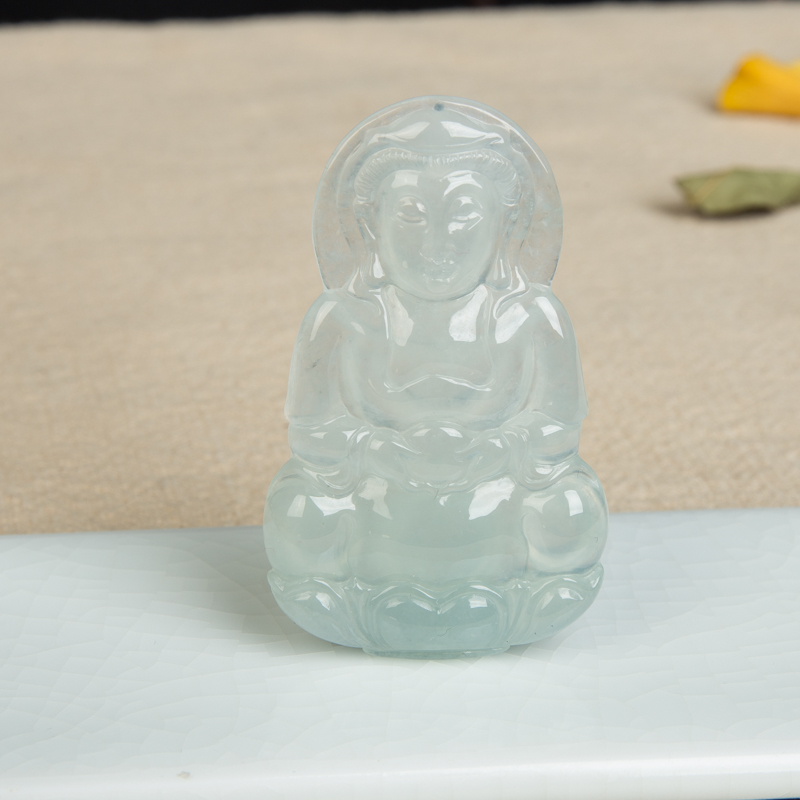缅甸天然糯冰种翡翠观音吊坠-红掌柜