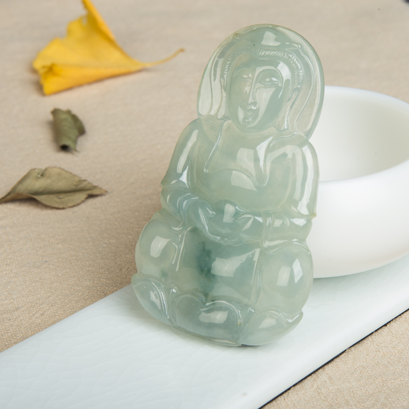 缅甸糯冰种飘花翡翠观音吊坠-红掌柜