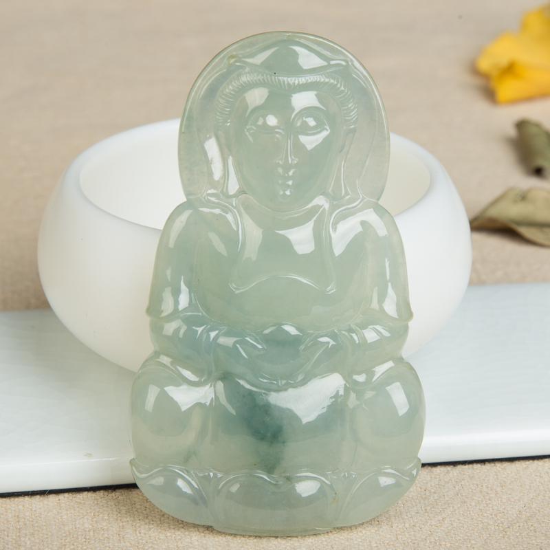 缅甸天然糯冰种翡翠观音吊坠-红掌柜