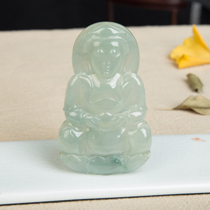 缅甸天然糯冰种飘花翡翠观音吊坠-红掌柜