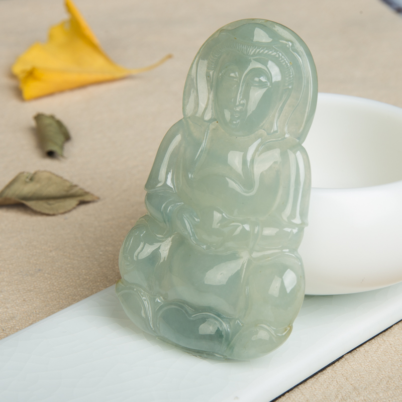 缅甸糯冰种飘花翡翠观音吊坠-红掌柜