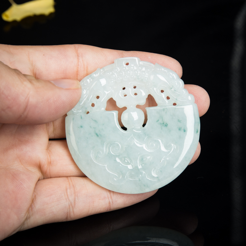 天然糯种飘花翡翠双龙戏珠吊坠-红掌柜