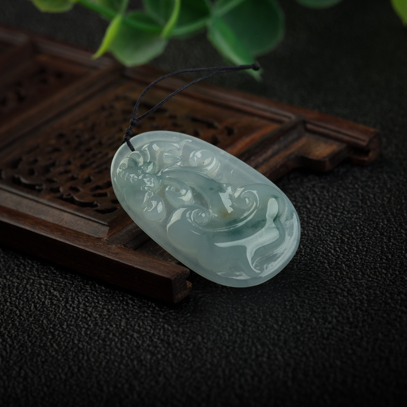 缅甸天然糯冰种翡翠福寿如意吊坠-红掌柜