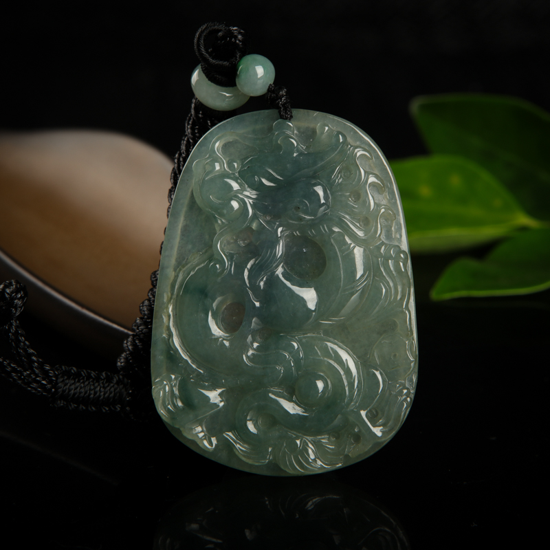 缅甸天然油青种灰绿翡翠辰龙吊坠-红掌柜