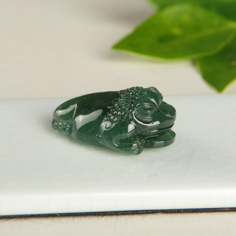 缅甸天然糯种暗绿翡翠招财进宝吊坠-红掌柜