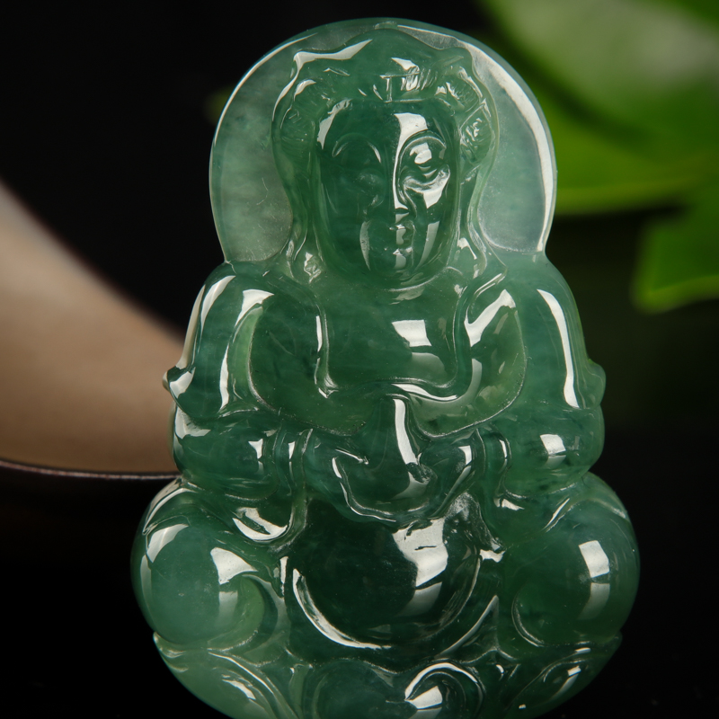缅甸天然糯种暗绿翡翠吊坠-红掌柜