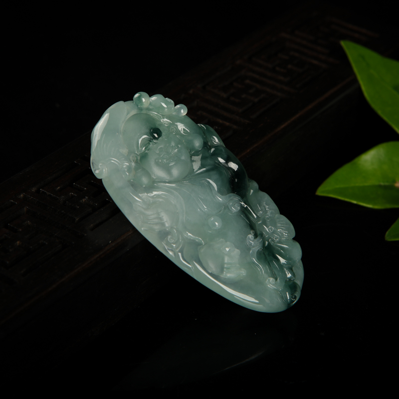 天然糯种飘花翡翠弥勒佛吊坠-红掌柜