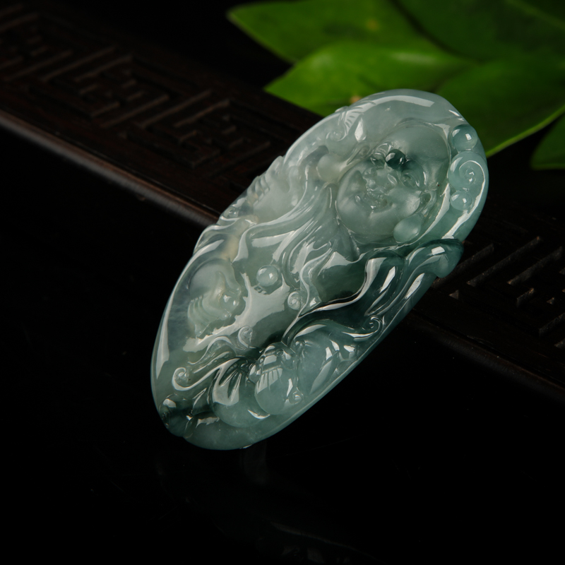 缅甸糯种飘花翡翠弥勒佛吊坠-红掌柜