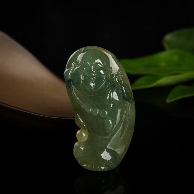 缅甸天然油青种飘花翡翠弥勒佛吊坠-红掌柜