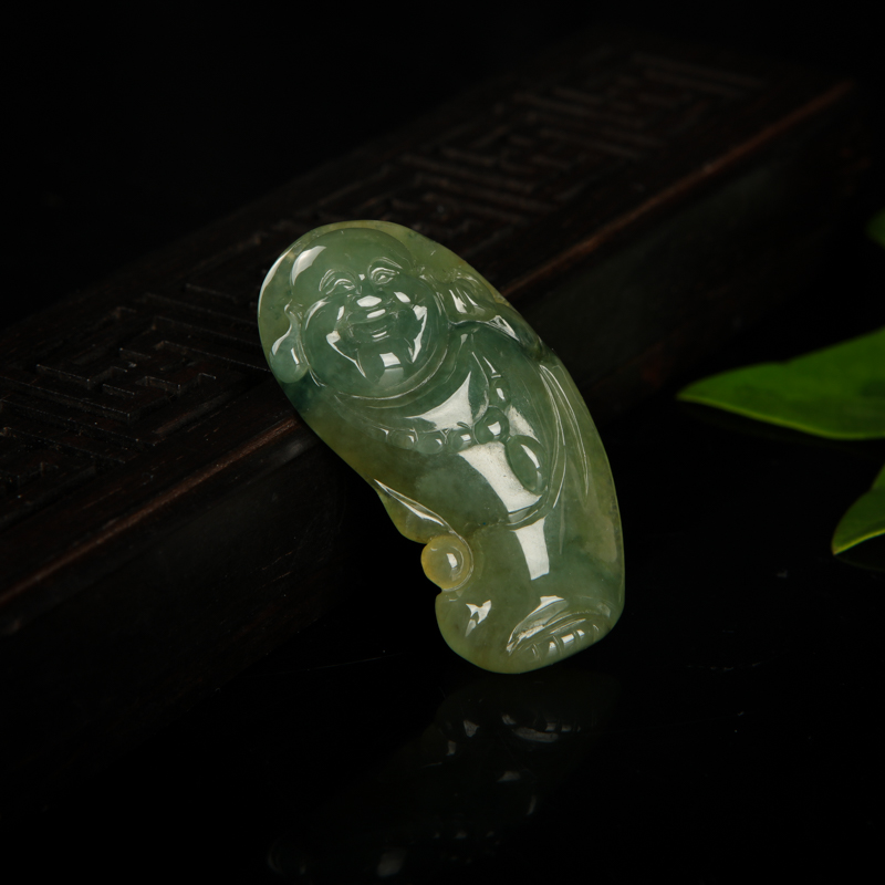 天然油青种飘花翡翠弥勒佛吊坠-红掌柜