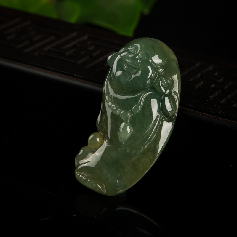缅甸油青种飘花翡翠弥勒佛吊坠-红掌柜