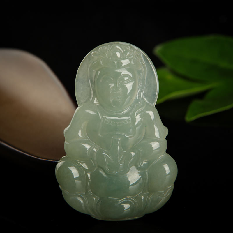 缅甸天然糯种灰绿翡翠观音吊坠-红掌柜